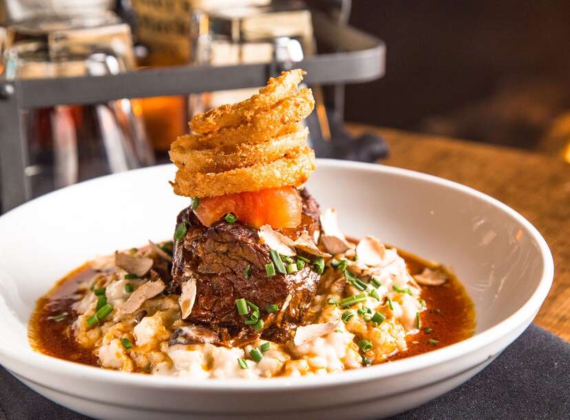 Steak with onion rings at Old Fields