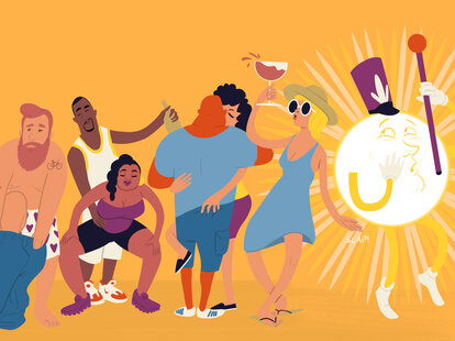 Group of people hooking up with a wry sun