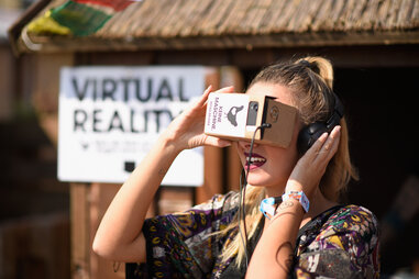 Woman using virtual reality glasses