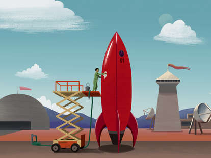 Cartoon of main polishing red rocket