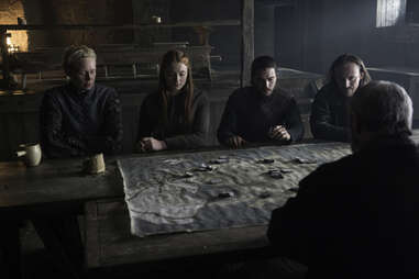 Sophie Turner as Sansa Stark, Gwendolyn Christie as Brienne of Tarth, Kit Harington as Jon Snow