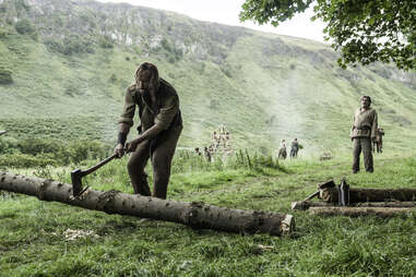 The Hound chops wood for Ian McShane's character Brother Ray