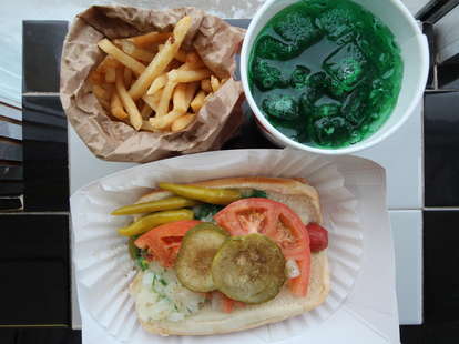 Chicago green river soda, hot dog, and french fries