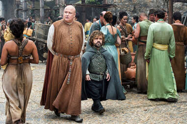 Conleth Hill as Varys and Peter Dinklage as Tyrion Lannister walk the streets of Meereen in episode 8, No One