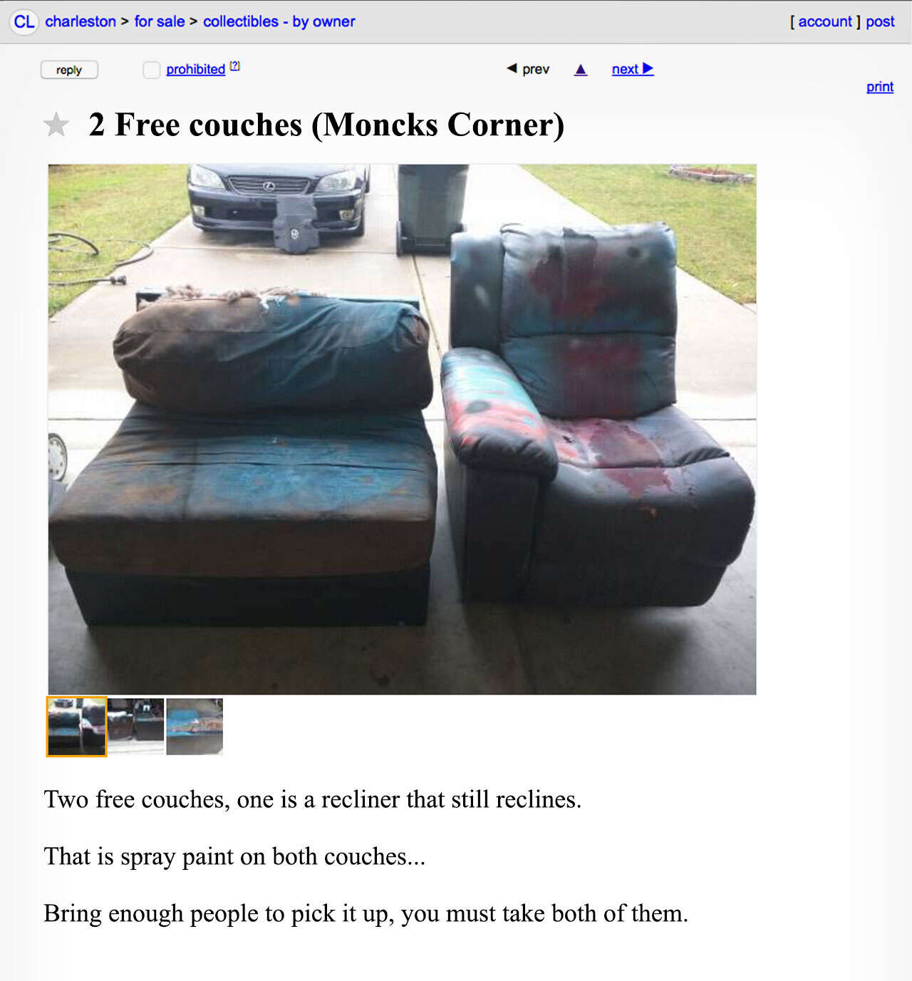 A Craigslist advertisement for two disgusting couches. 