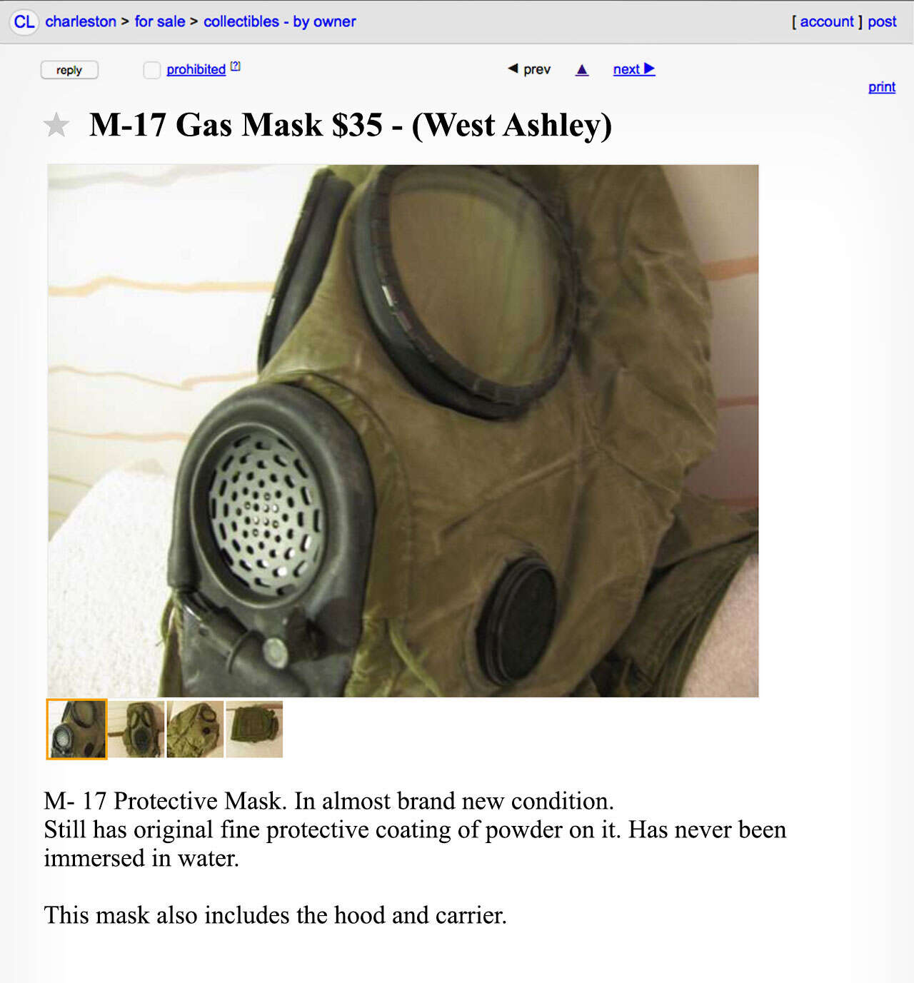 A Craigslist advertisement for a used gas mask. 