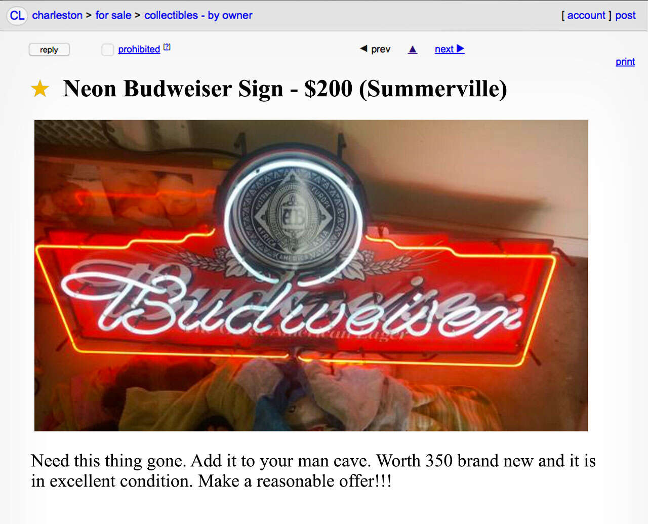 A Craigslist advertisement for a neon Budweiser sign. 