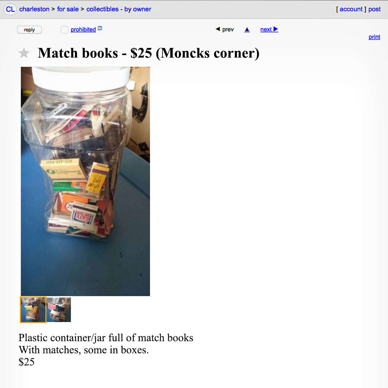 A Craigslist advertisement for matchbooks. 
