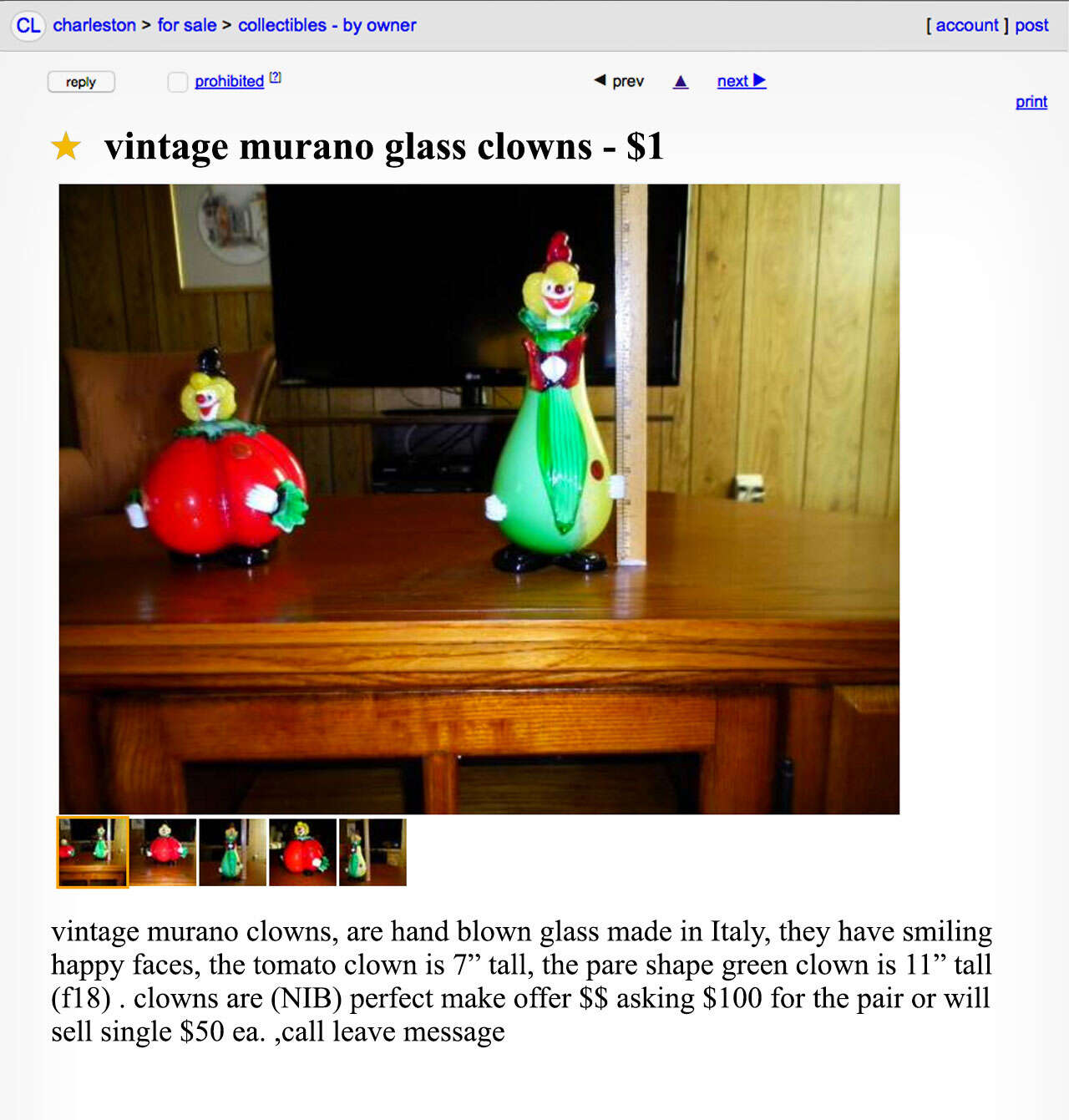 A Craigslist advertisement for vintage glass clowns. 