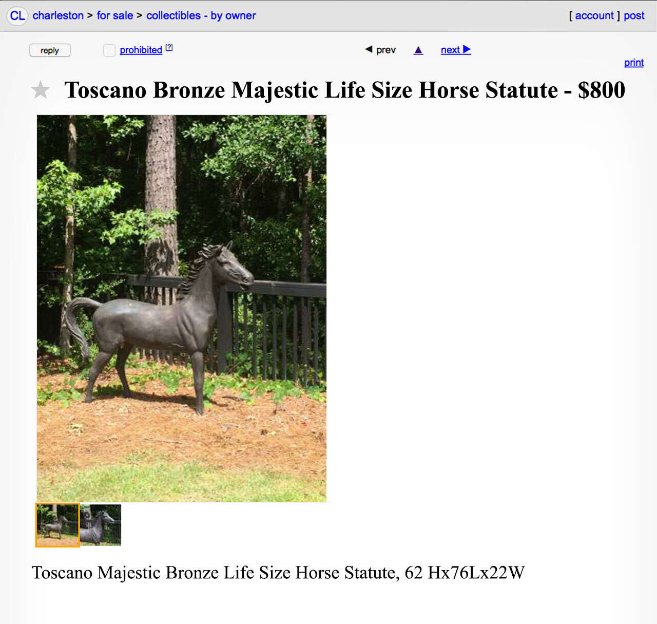 A Craigslist advertisement for a life-size horse sculpture. 
