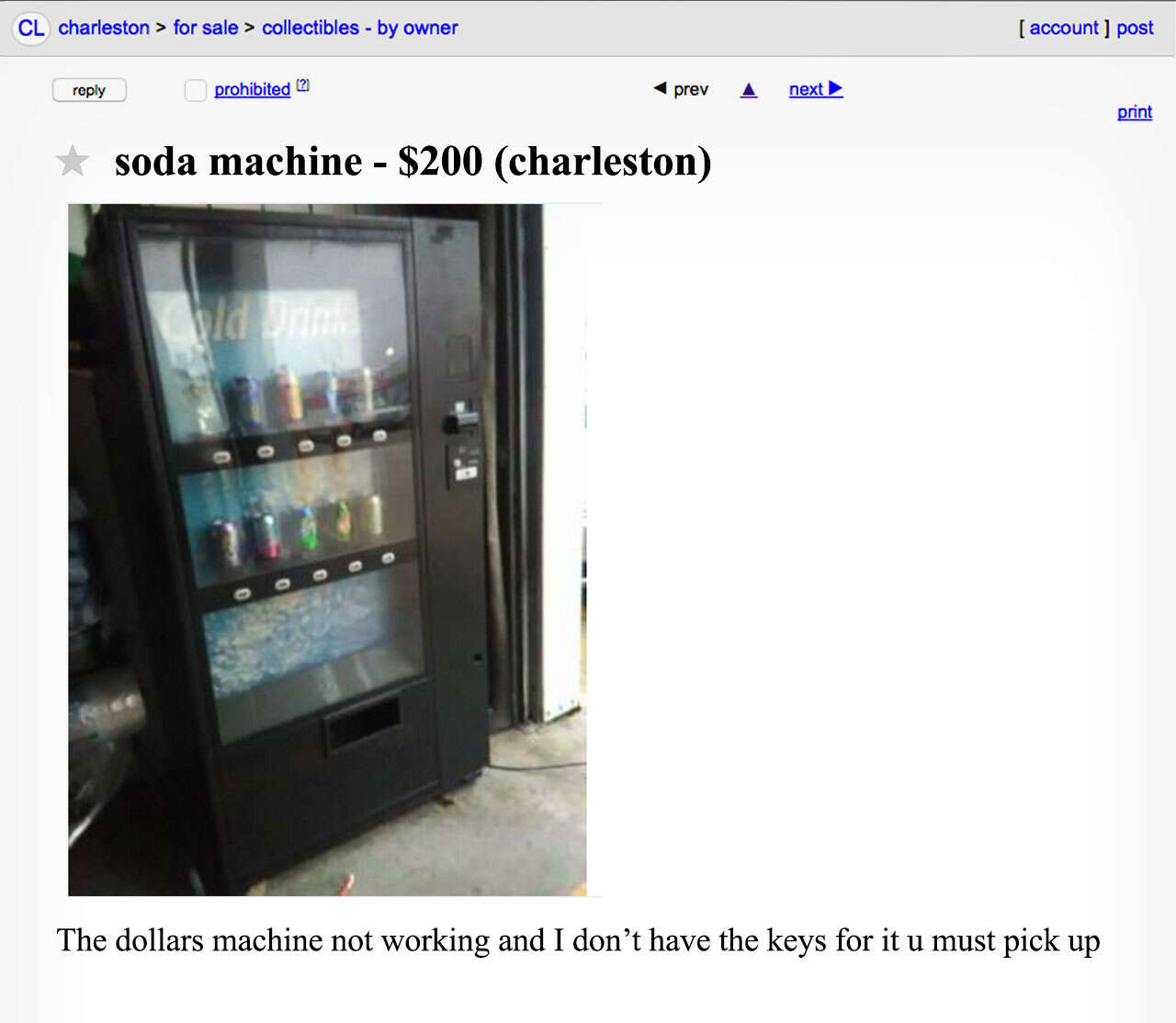 A Craigslist advertisement for a broken soda machine. 