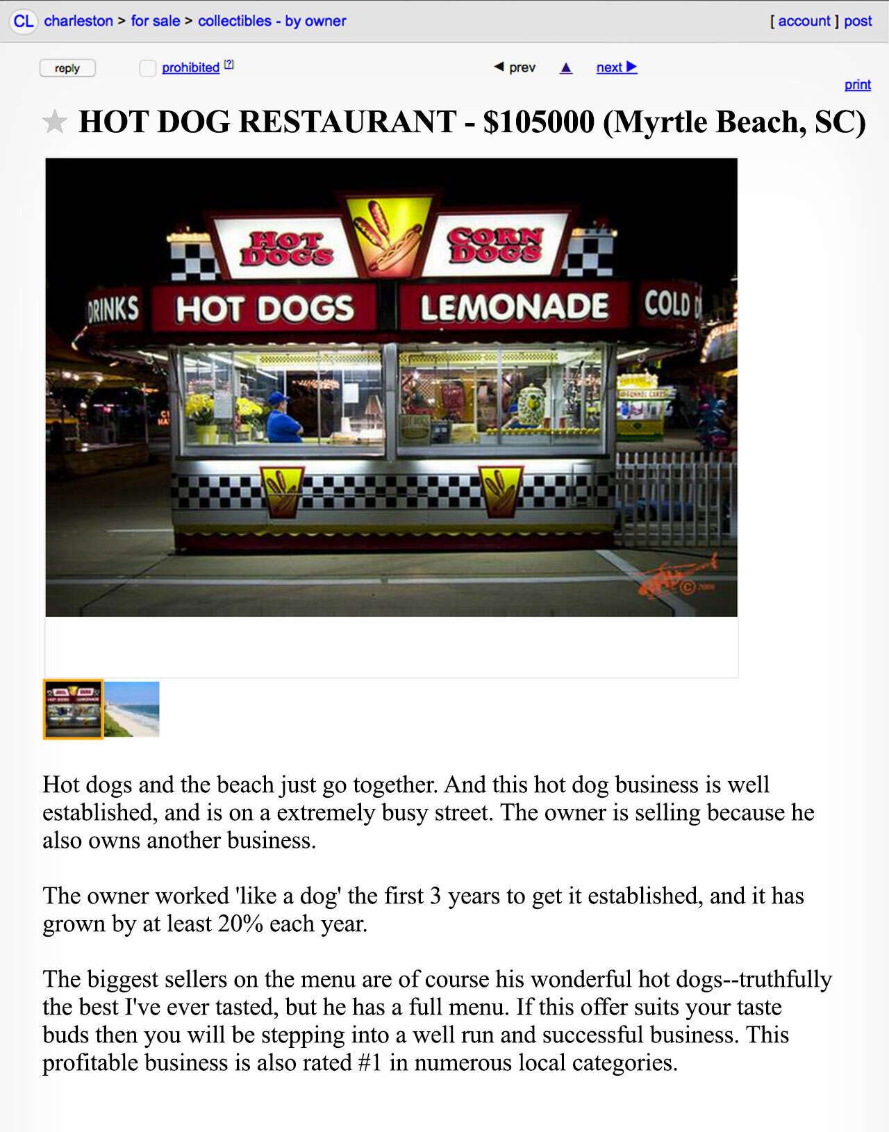 A Craigslist advertisement for a hot dog restaurant.