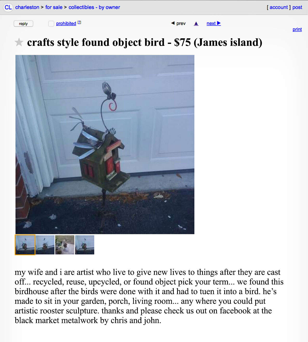 A Craigslist advertisement for a bird feeder. 