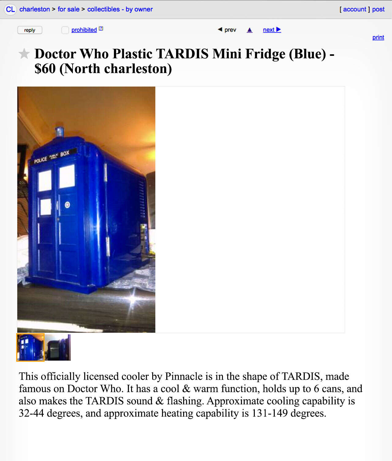 A Craigslist advertisement for a TARDIS cooler. 