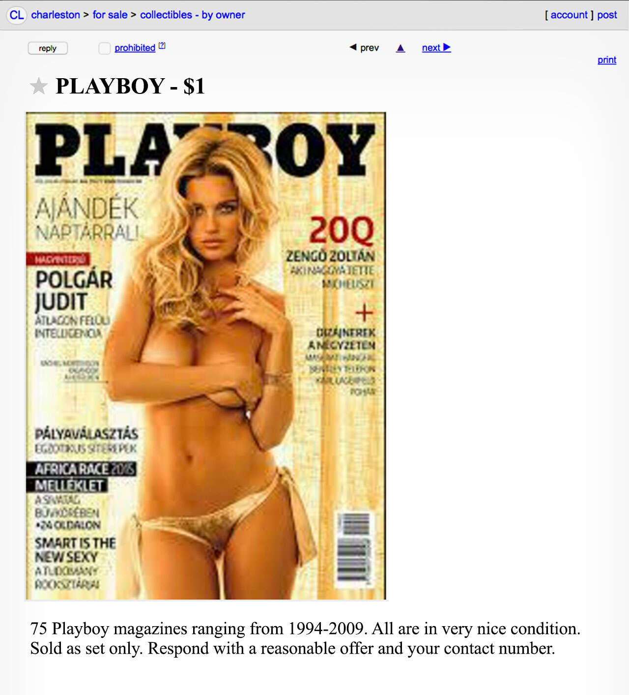 A Craigslist advertisement for vintage Playboys. 