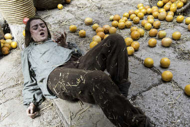 Maisie Williams as Arya Stark who almost gets killed by the Waif on Game of Thrones