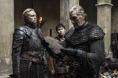 Gwendolyn Christie as Brienne of Tarth, Clive Russell as Brynden Tully the Blackfish, and Daniel Portman as Podrick