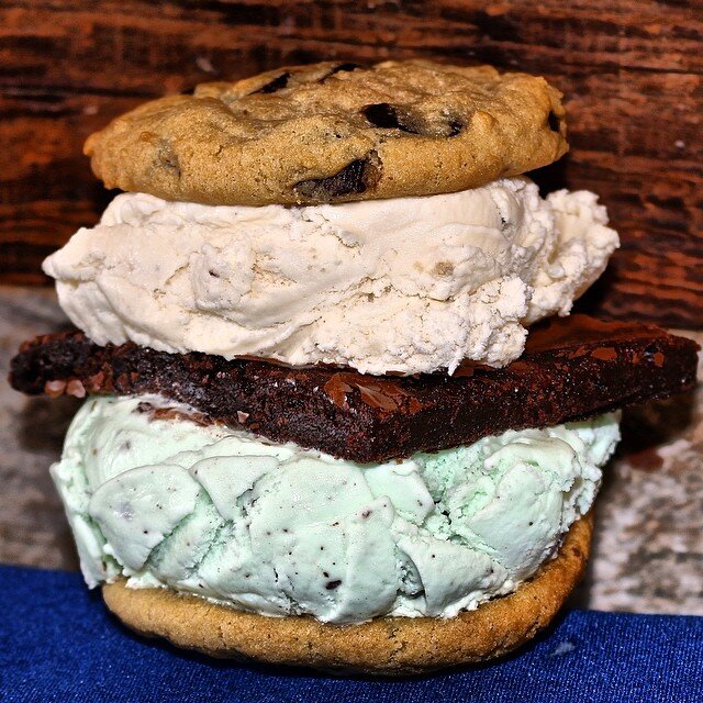 The Baked Bear Phoenix Chocolate chip cookie double scoop and brownie ice cream sandwich