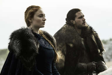 Kit Harington as Jon Snow and Sophie Turner as Sansa Stark in Battle of the Bastards