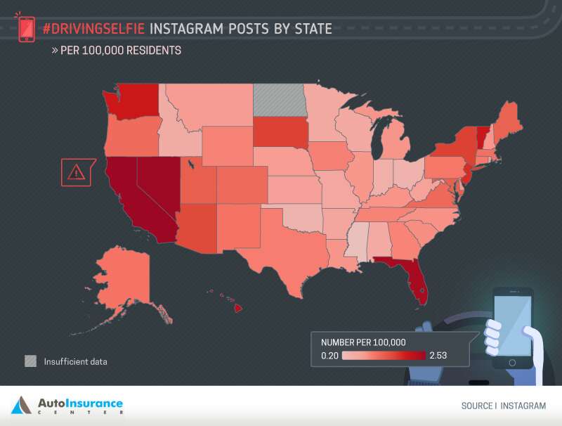 Map of driving selfie Instagram posts in the US
