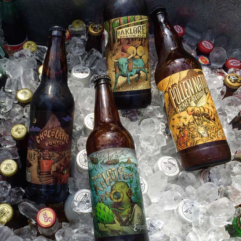 Beers from the Evans Brewing Company on ice