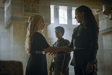 Emilia Clarke as Daenerys Targaryen, Alfie Allen as Theon Greyjoy, & Gemma Whelan as Yara Greyjoy
