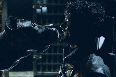 Iwan Rheon as Ramsay Bolton dies after getting his face chewed off by his dogs.
