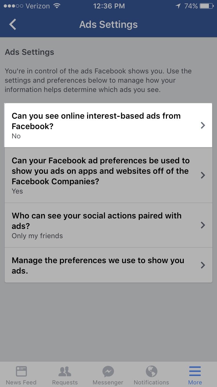 Facebook app settings iOS