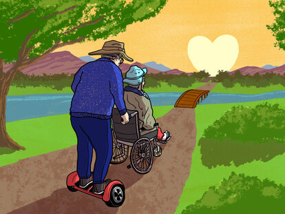 Man using hoverboard to push wife in wheelchair