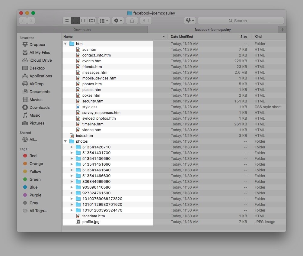 facebook archive download menu