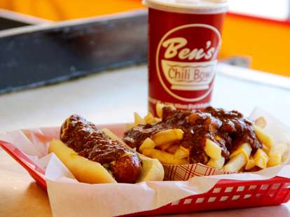 Half-smoke fries drink Ben's chili bowl