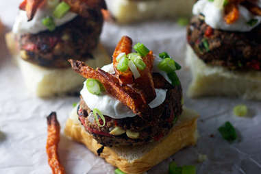 Chipotle Black Bean Sliders with Sweet Potato Fries & Lime Sour Cream