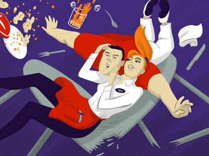 Waitress tackling man