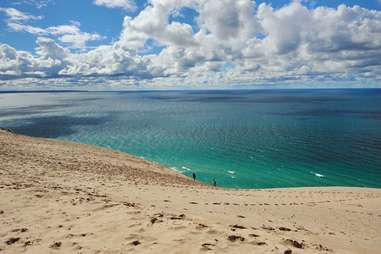 two people in distance walking along sleeping bear beach