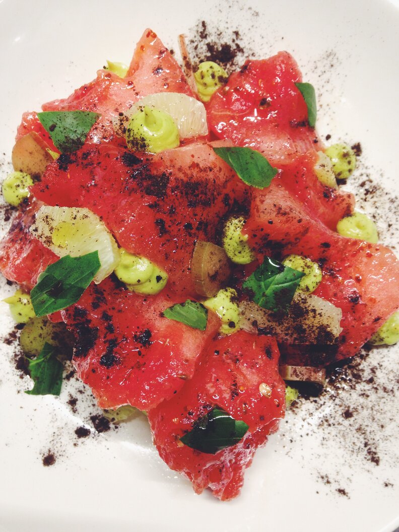 Watermelon, rhubarb, and avocado Salad