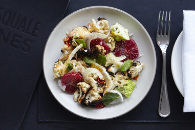 Charred cauliflower with blood orange, hot pepper & mint