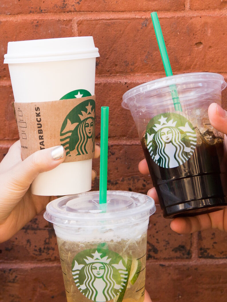 Starbucks drinks held at different angles