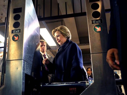 Hillary Clinton trying to take the subway