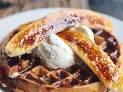 fried bananas in waffle at brewed forth worth