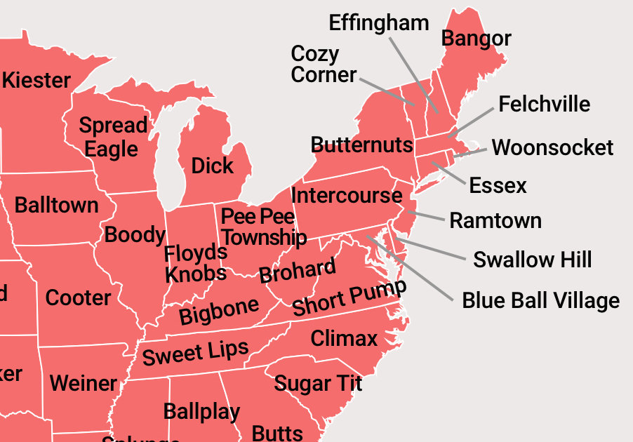 Lewdest Town Names in America Map - Thrillist