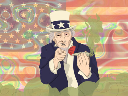 Uncle Sam smoking weed American flag