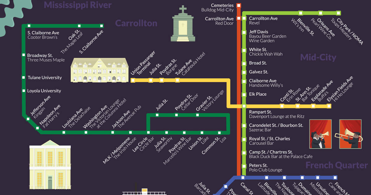 New Orleans Trolley Map Best Bars In New Orleans To Drink Near Streetcar Stops - Thrillist