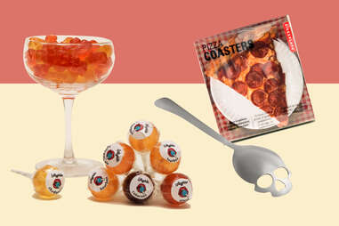Pizza coasters, bourbon lollipops, champagne gummy bears