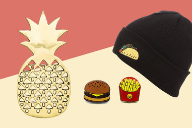 Taco beanie, pineapple trivet, and burger & fries pins