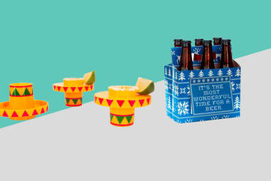 six-pack greeting card and sombrero shot glasses