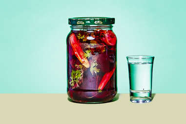 Pickled beet Pickleback Shot in mason jar