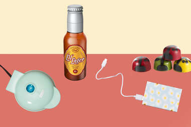 Mini-waffle maker, portable phone charger, ladybug chocolates, Lil' Lager baby bottle