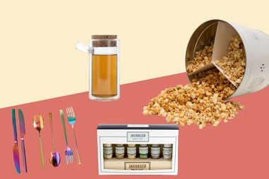 Caramel corn, rainbow flatware, salt gift set, Ora tea pot