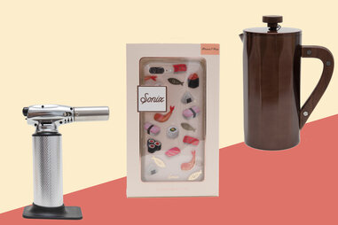 Sushi phone case, Stainless-steel coffee press, Messermeister chef’s torch