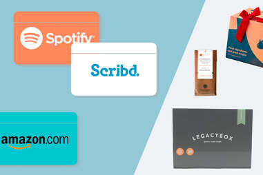 Gift cards for Amazon Prime, Spotify, Scribd, headspace app, blue apron, and legacybox